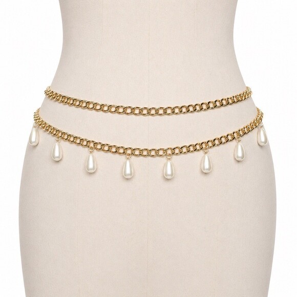 Vintage Pearl Teardrop Dangle Double Layer Gold Curb Chain Belt womens large XL